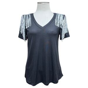 Crazy Train Everything That Glitters Fringe T-Shirt Top Black Silver Small